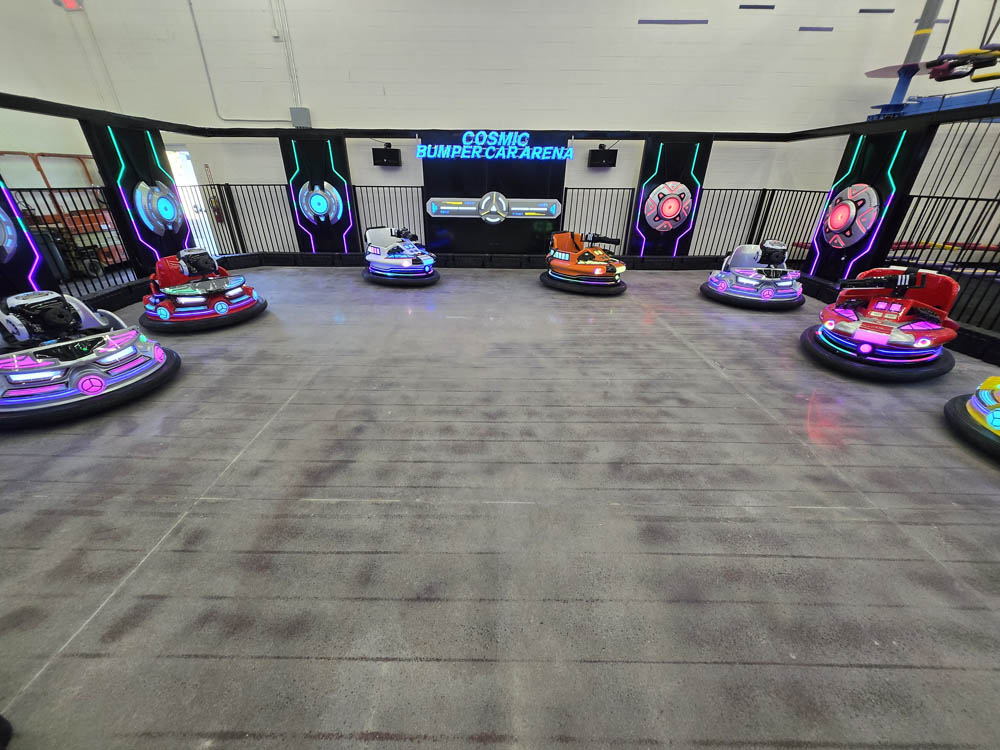 Cosmic Lazer Cars ride at Cosmic Air indoor adventure park in Webster, TX.